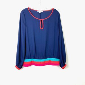 Mi Ami Women's Chiffon Blouse Size M Navy Orange Keyhole Neck Office or Casual